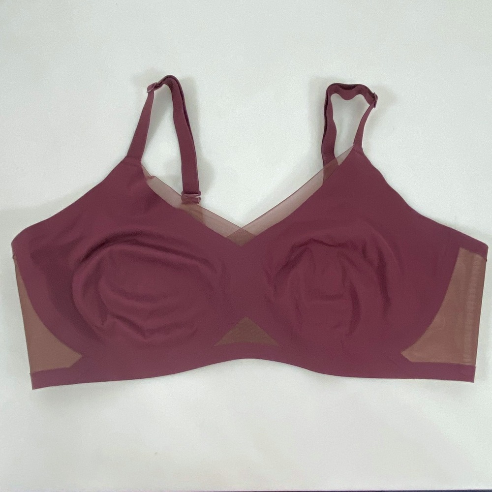 Honeylove Bra Womens XL Burgundy Beige Crossover V Neck Adjustable Wireless Mesh